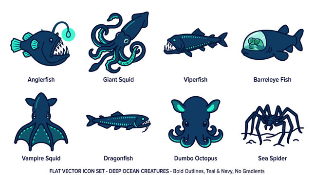 Flat vector icon set of deep ocean creatures including anglerfish giant squid and octopus