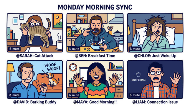 Humorous remote work video call illustration showing common home office distractions and morning struggles