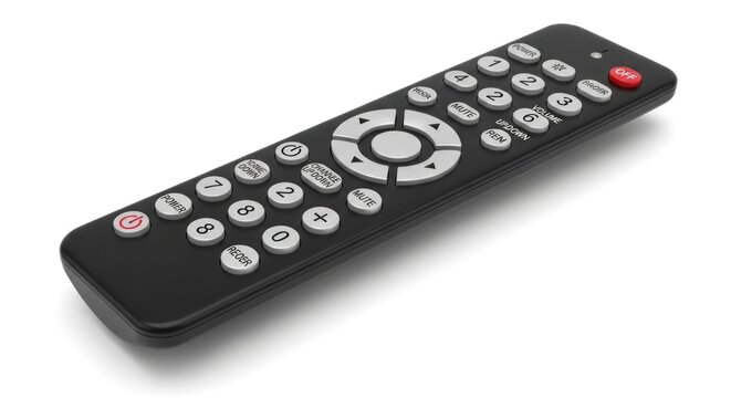 A sleek black electronic device with numerous white buttons on a white background