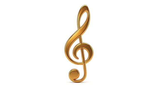 A shiny golden musical treble clef symbol on a plain white background