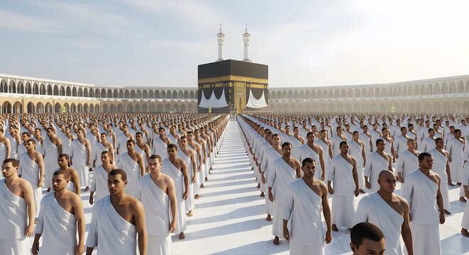 Large crowd of pilgrims in white robes walking towards the kaaba during hajj pilgrimage in mecca