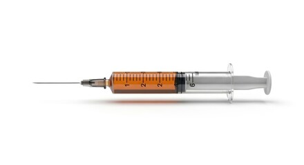 Fototapeta premium A medical syringe filled with orange liquid on a white background