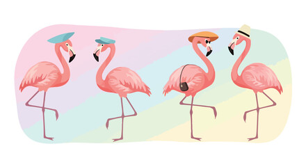 Obraz premium Pink flamingo bird characters wearing summer hats, tropical flamingo vector set with accessories, whimsical exotic birds on pastel rainbow background