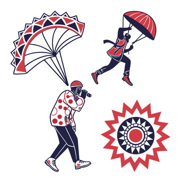 A vector graphic illustration of parachuters and a photographer in a modern design style