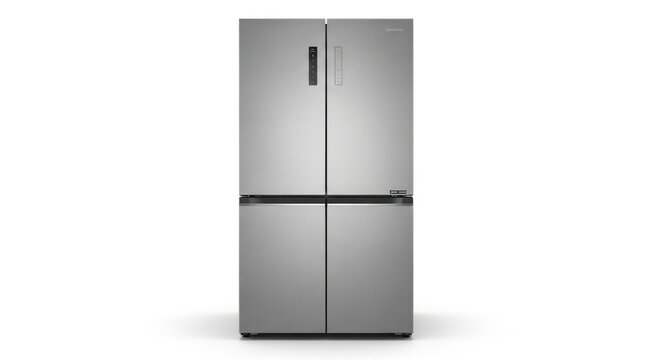 A large, silver, four-door refrigerator with handles on top doors