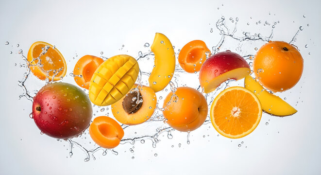 Dynamic display of fresh oranges, luscious mangoes, and sweet apricots with invigorating water splashes, highlighting natural vitality and healthy freshness