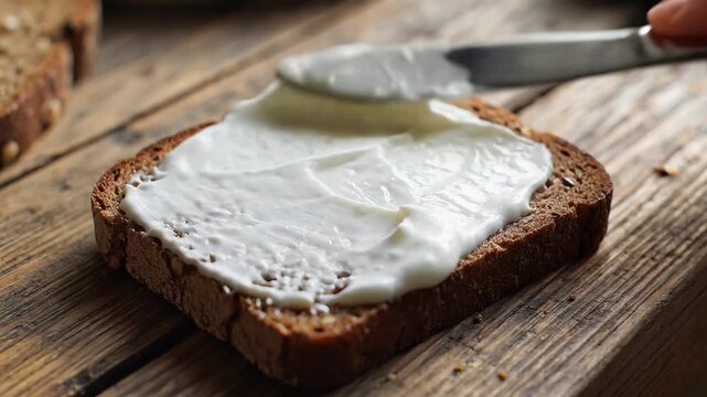 Close-up of hand spreading cream cheese on a dark whole grain bread slice on a rustic wooden table, preparing a healthy meal.