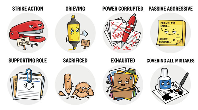 Humorous Anthropomorphic Office Supplies Illustrating Workplace Burnout and Corporate Culture Stress Icons