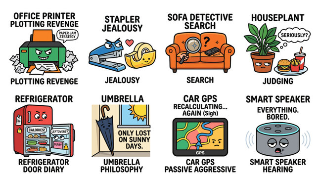 Humorous collection of anthropomorphic household objects with personified emotions and funny cartoon captions.