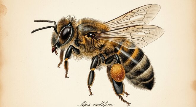 Detailed close-up illustration of a honey bee (Apis mellifera) with wings and pollen basket.