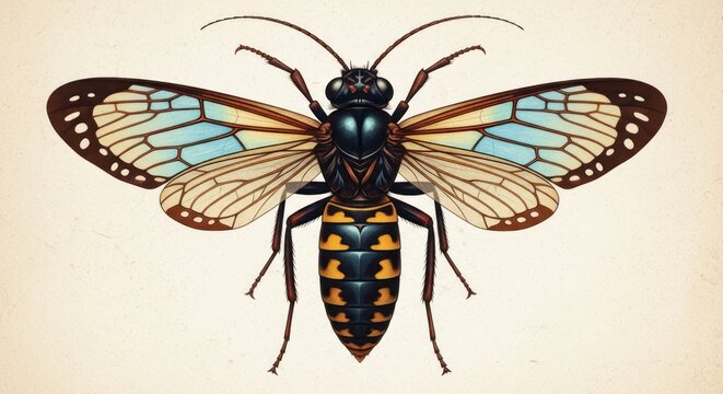 Detailed Illustration of a Wasp with Blue and Yellow Patterned Wings