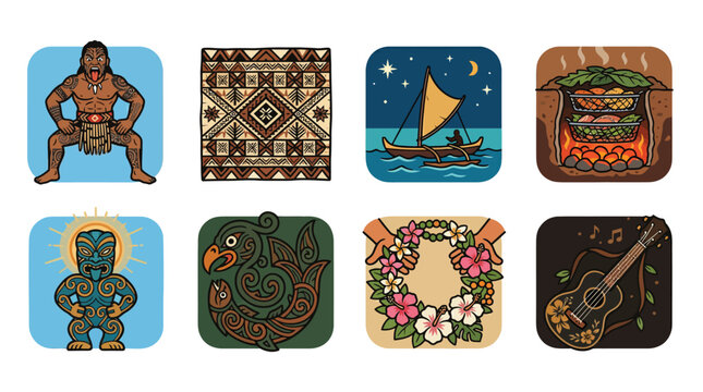 Polynesian and Maori Cultural Symbols Set with Haka Tiki Ukulele and Traditional Icons
