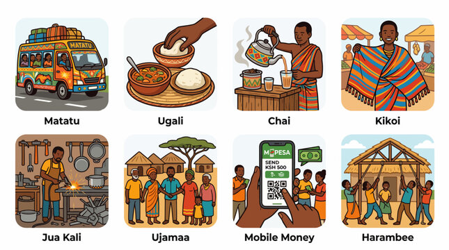 Kenyan culture illustration set featuring matatu ugali chai kikoi and mobile money icons