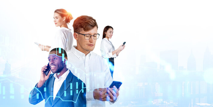 Group of business people with phones in modern double exposure style on bright city background, concept of market rise and future invest