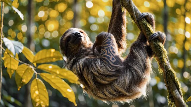 Adorable Sloth Hanging on Tree Branch in Lush Green Forest.