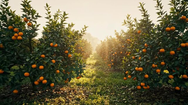 Orange orchard with ripe oranges and sunlight shining through the trees.