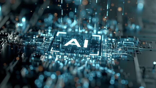 Artificial intelligence ai microchip circuit board technology data processor with glowing code digital network futuristic digital