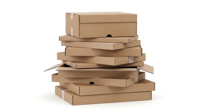 A stack of several brown cardboard pizza boxes with some lids open