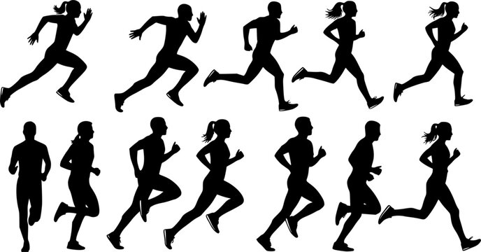 Runner silhouette set of sprinters, runners and joggers running track or jogging. People silhouettes in outline. Women and men, male and female athletes racing.