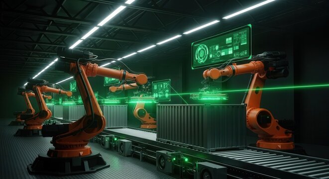 Industrial robotic arms assemble cargo containers on an automated manufacturing assembly line.