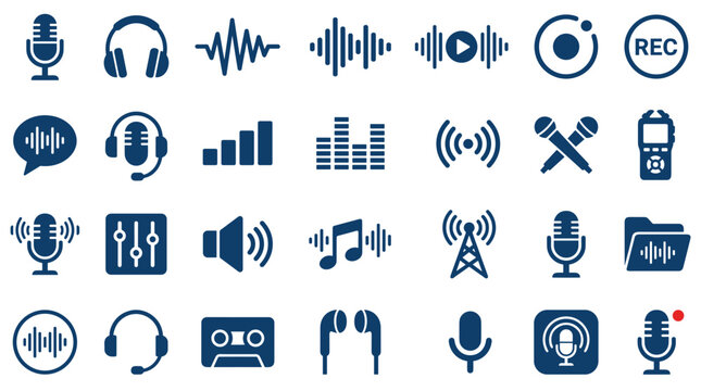 Collection of modern digital icons representing audio recording sound technology and music production tools on a white background