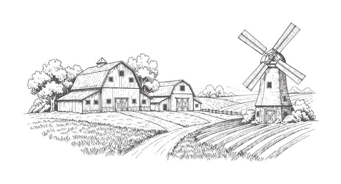 Rural farm landscape with barns and windmill in style