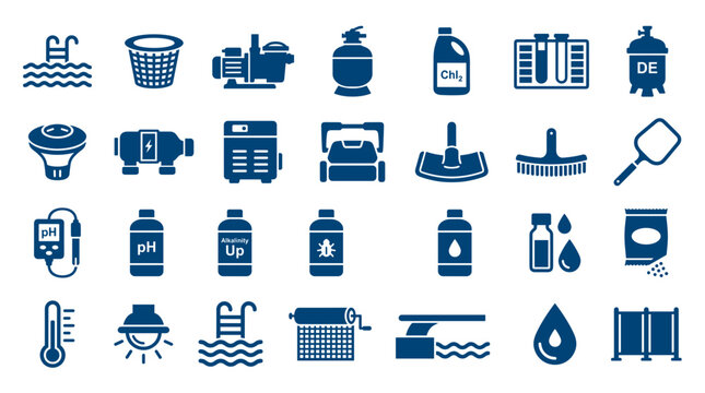 Collection of blue icons representing swimming pool maintenance equipment and supplies for water care and cleaning services