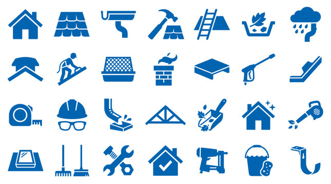 Collection of blue icons representing roofing construction maintenance and repair services for homes and buildings
