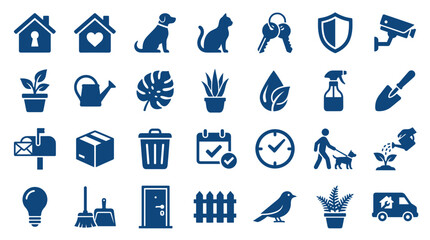 Fototapeta premium Collection of blue icons representing home services and lifestyle elements like pets, plants, security, and maintenance for modern living