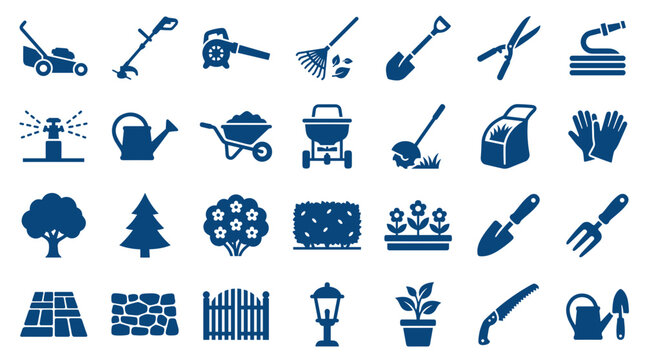 Collection of garden tools and elements for landscaping and outdoor maintenance, illustrating a variety of equipment and plants for home gardening and yard work.