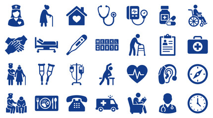 Fototapeta premium Healthcare and Medical Icons Set Representing Senior Care, Hospital Services, and Patient Well-being with a Focus on Health and Assistance