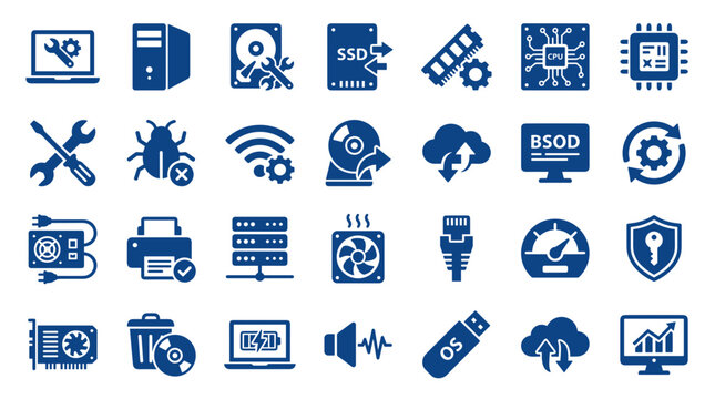 Computer hardware icons set for technology and digital services including laptop computer server and data storage symbols