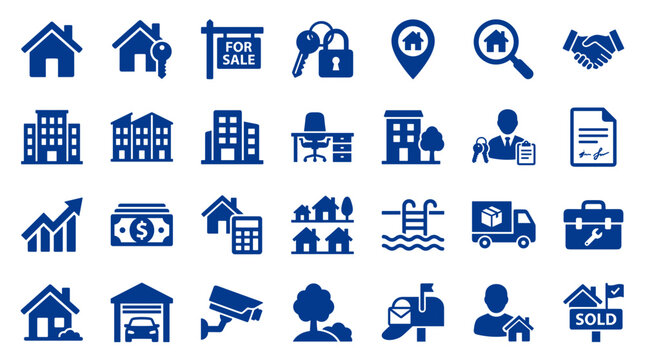 Collection of blue real estate icons representing houses buildings services and property transactions for online listings and marketing