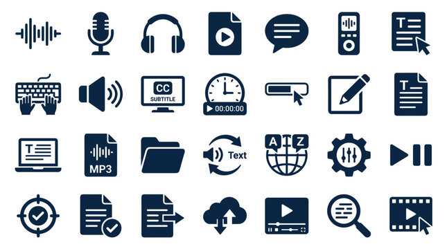 Collection of digital icons representing multimedia content creation editing and management tools for online communication and digital media production