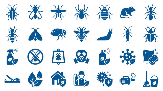 Pest control icons set for extermination services and home protection against insects rodents and viruses with sprayers and protective gear