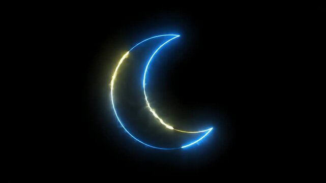 Glowing blue and yellow neon animation of crescent shapes in a dark space with technology elements.