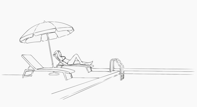 A person reclining under a sun umbrella near a pool, embodying relaxation and leisure