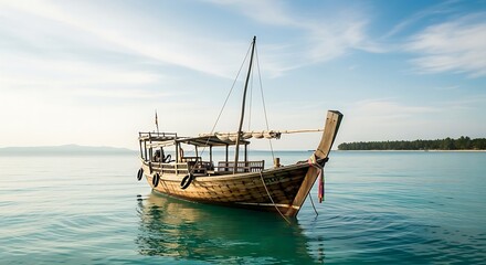 Obraz premium Traditional Dhow Boat Anchored in Calm Tropical Sea with Island Shoreline