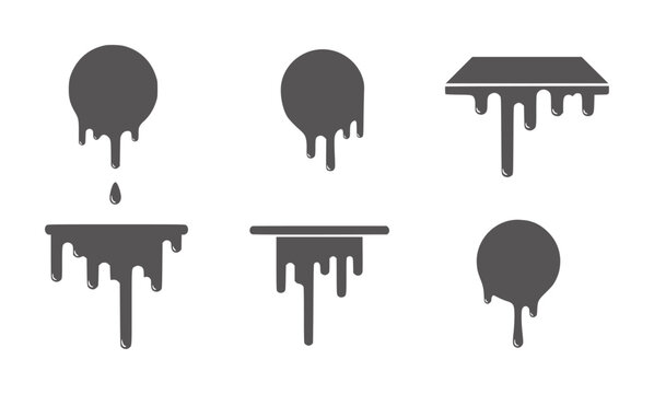 Six dark grey dripping shapes including circles and rectangles liquid melting fluid