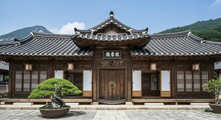 Naklejka premium Traditional Korean Hanok House with Bonsai Tree and Mountains