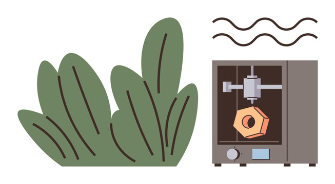 Technology, sustainability, additive manufacturing, innovation, modern design, eco-friendliness. A 3D printer creating a geometric shape next to green plants. Technology and sustainability concept