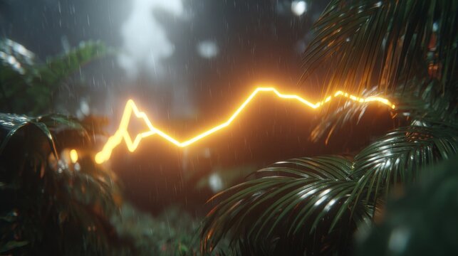 Vibrant yellow lightning strike illuminating dense tropical foliage during a powerful thunderstorm