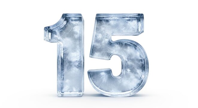 A frozen numeral fifteen made of ice on a plain white background