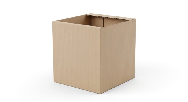 A brown, empty, open-top, square cardboard box on a white background