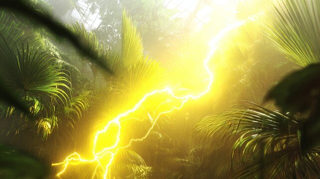Vibrant yellow lightning strike illuminating a dense jungle during a powerful storm