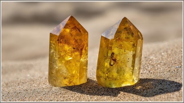 Two radiant yellow citrine crystal points naturally formed on a sandy surface