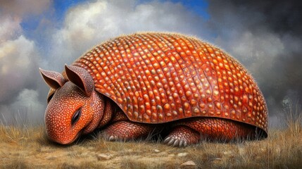Fototapeta premium Colorful Armadillo Resting on Grass Under Dramatic Cloudy Sky