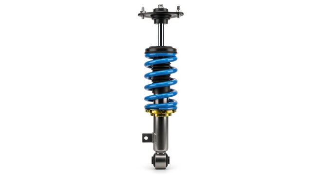 A blue and black coil spring shock absorber on a white background