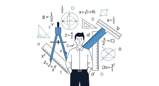 Man with math geometry tools.