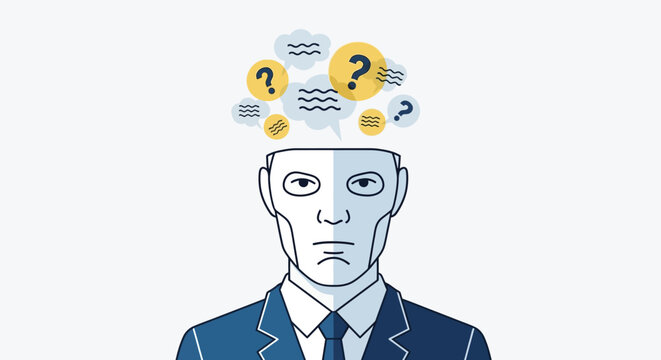 Man with question marks head.